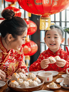 亚洲人幸福家庭过年包饺子