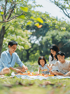 亚洲人欢乐的一家人在郊外野餐烧烤