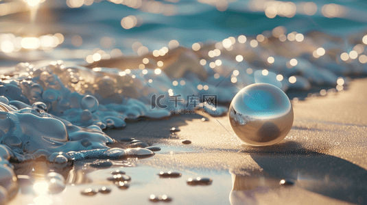 蓝色唯美大海海边沙滩上水晶球的背景