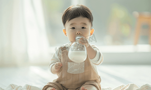 喝奶女孩摄影照片_亚洲人可爱宝宝喝奶
