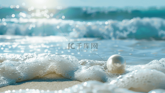 阳光海边沙滩背景图片_蓝色唯美大海海边沙滩上水晶球的背景