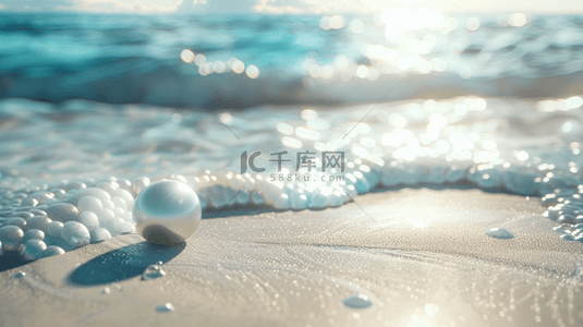 阳光海边沙滩背景图片_蓝色唯美大海海边沙滩上水晶球的背景