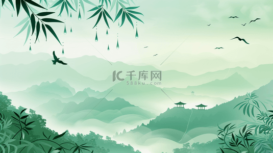 绿色手绘绘画国画山色风景的背景