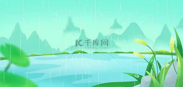 绿色雨水背景图片_春天春季谷雨池塘绿色中国风背景