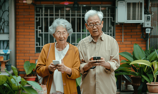 老年人摄影照片_亚洲人老年夫妇在庭院使用手机