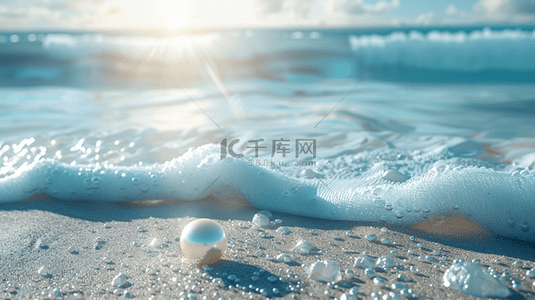 蓝色唯美大海海边沙滩上水晶球的背景