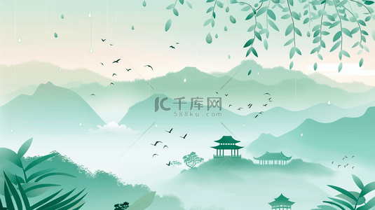 景区导视背景图片_绿色手绘绘画国画山色风景的背景