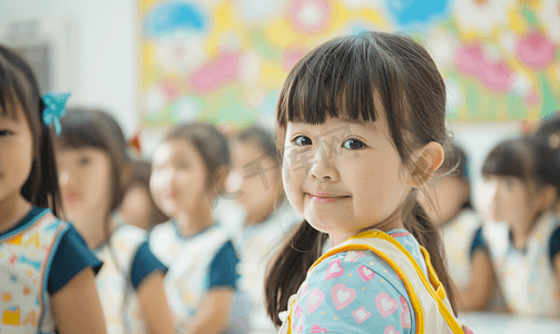 可爱女生微笑摄影照片_亚洲人可爱的小学生在教室里