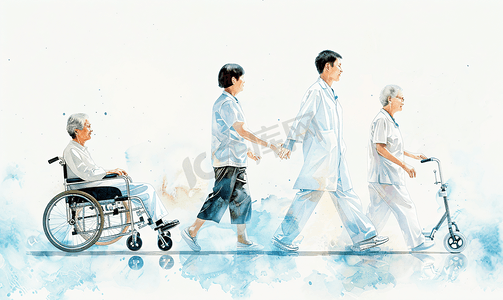 和谐的医患关系摄影照片_亚洲人护士推着坐轮椅的老年人