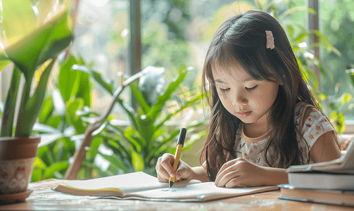 可爱小女孩摄影照片_亚洲人小女孩写作业