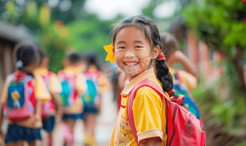 亚洲人乡村小学里的小学生