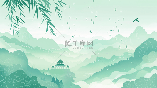 绿色手绘绘画国画山色风景的背景