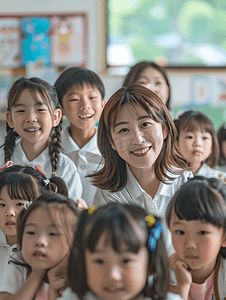 亚洲人老师和小学生们在教室里人物