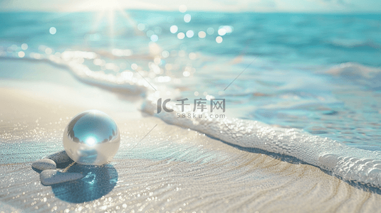 仿真水晶球背景图片_蓝色唯美大海海边沙滩上水晶球的背景