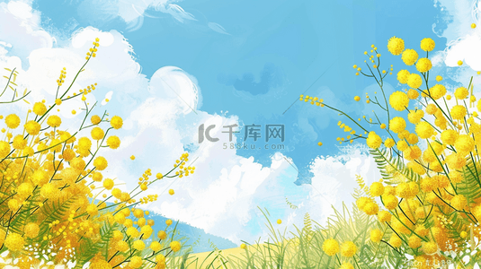 黄色小清新背景背景图片_蓝天白云田野黄色花朵装饰背景
