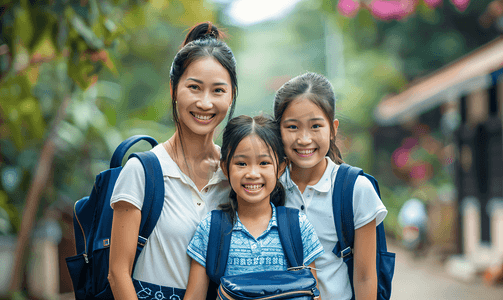 亚洲人妈妈送女儿去上学