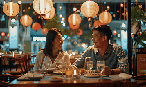 情侣吃饭摄影照片_亚洲人快乐情侣在餐厅里用餐