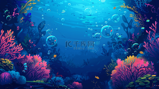 气泡海底背景图片_深蓝色海水海底生物水草的背景