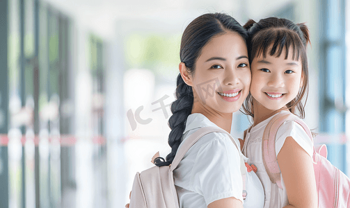 亚洲人妈妈送女儿去上学