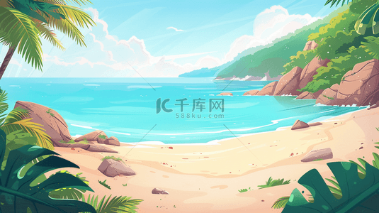唯美风景天空背景图片_蓝色唯美户外椰树大海沙滩的背景