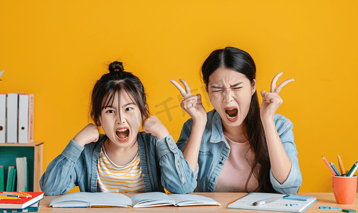 家长沮丧的表情摄影照片_亚洲人年轻妈妈为辅导女儿的作业生气2