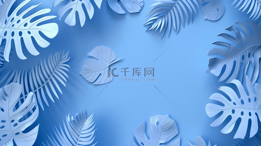 蓝色清新叶子背景图片_夏季清凉蓝色装饰叶子边框背景