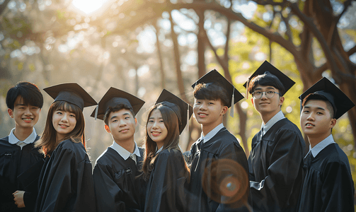 毕业季狂欢购摄影照片_亚洲人大学生穿着学士服庆祝毕业