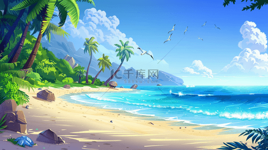 大海云朵背景背景图片_蓝色唯美户外椰树大海沙滩的背景