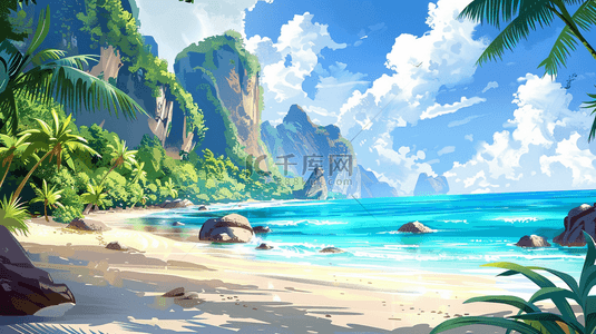 蓝色唯美户外椰树大海沙滩的背景