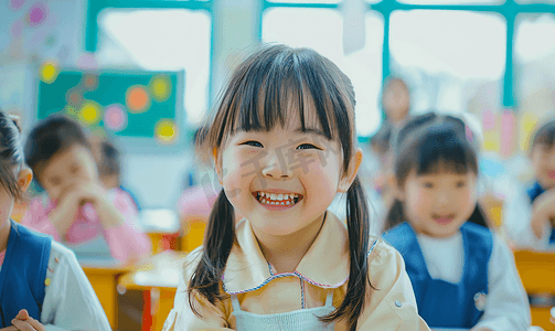 表情不舍摄影照片_亚洲人可爱的小学生在教室里