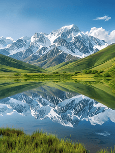 山峰蓝天摄影照片_新疆伊犁唐布拉仙女湖草原雪山摄影图