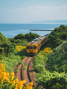 清新夏天日本镰仓湘南海岸列车摄影图