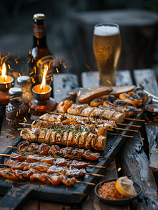 夜宵生活夜晚烧烤啤酒聚会餐馆美食摆拍摄影图