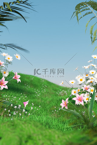 春季背景图片_春季植物草坪绿色3D立体背景仿摄影展台