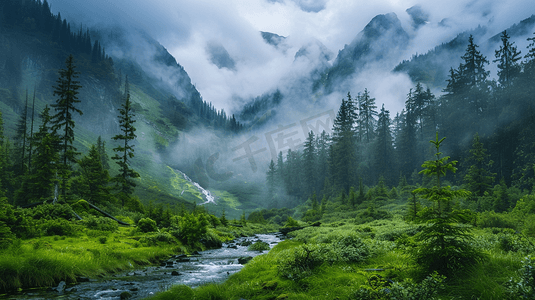 山脉瀑布景色景区山区树木植物云雾河流自然风景的摄影实拍图