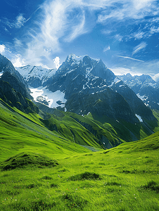 春天梅摄影照片_在阿尔卑斯山以鲜绿色的草地和白雪皑皑的山峰的田园景观