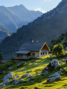 背景水墨山摄影照片_旅游早晨房屋山区漂动摄影图