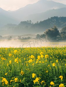 稻田早晨油菜花田场景摄影图