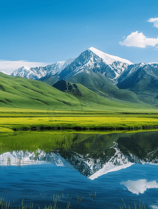 草原摄影照片_新疆伊犁唐布拉仙女湖草原雪山摄影图