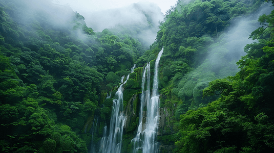 山脉瀑布景色景区山区树木植物云雾河流 自然风景的摄影实拍图