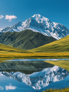 山峰背景图摄影照片_新疆伊犁唐布拉仙女湖草原雪山摄影图