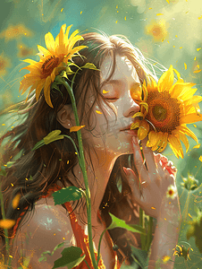 夏日少女摄影照片_少女闻着向日葵的花香