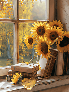 放在窗台上的向日葵和书