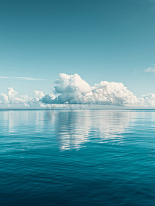 水岸摄影照片_蓝色平静的海面水与云镜面
