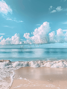 沙滩白云大海美景摄影图