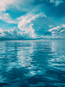 海面天空摄影照片_蓝色平静的海面水与云镜面
