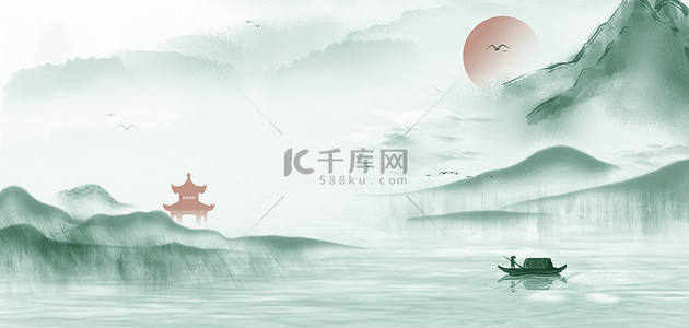 小船中国风背景图片_水墨中国风山水清明节背景