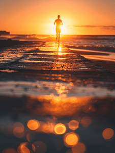 简约夕阳摄影照片_简约海边夕阳下奔跑摄影图