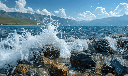 洱海边浪击石摄影图