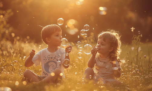儿童节泡泡摄影照片_户外草坪白天两个小朋友户外草坪吹泡泡摄影图